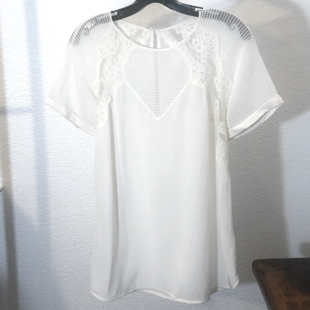 Rebecca Taylor White Sheer Pintuck Lace and Silk Blouse Size 10.